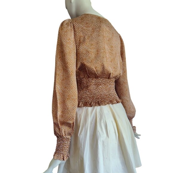 LUCY Paris Nadia Carmel Brown Cream Polka Dot Smocked Waist Wrist Top Sz M NWT - Picture 4 of 11